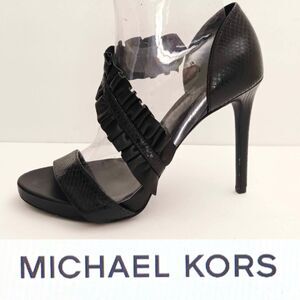 Michael Michael Kors Blk Leather Heeled Sandal Ruffled Leather Strap Sz 7.5